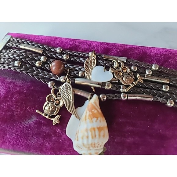 Braided Faux Leather Shell And Bird Charm Bracelet, Magnetic Closure - Picture 4 of 10